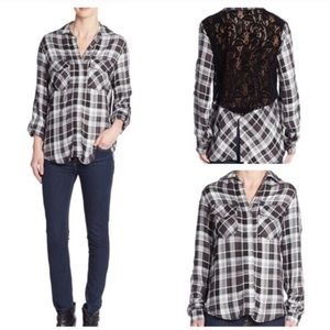 Sam Edelman Black and White Plaid Lace-Back Button-Up Blouse